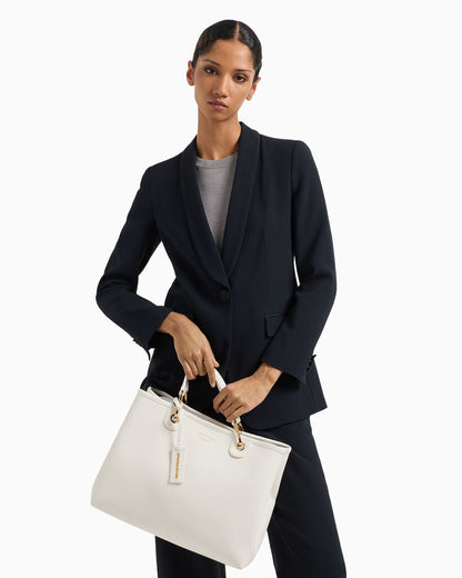 White Structured Leather Tote with Gold Accents