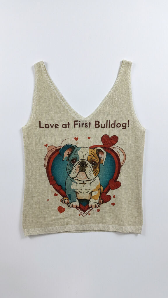 Beige Knit Graphic Sleeveless Top with Bulldog Print