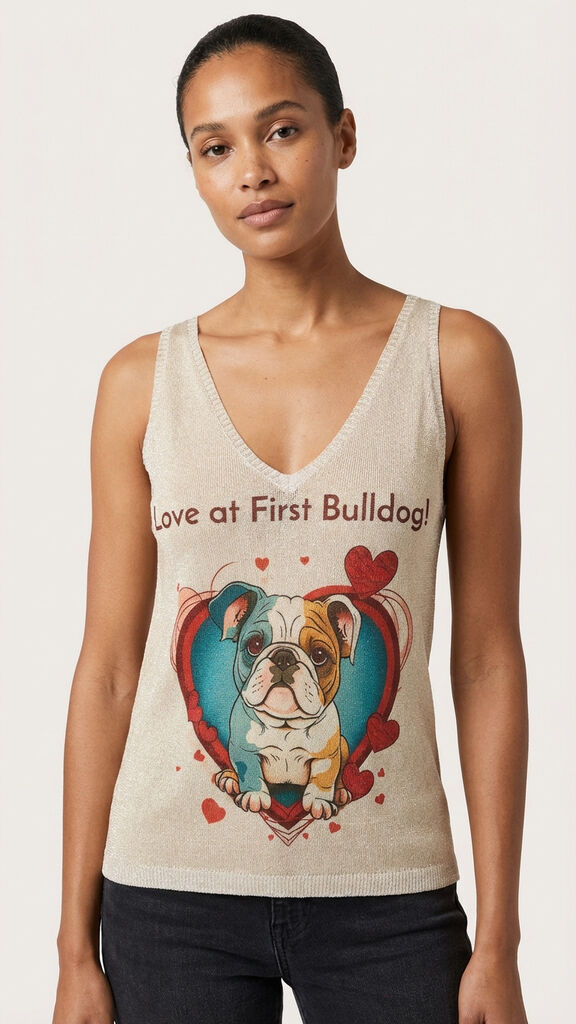 Beige Knit Graphic Sleeveless Top with Bulldog Print