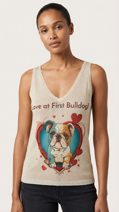 Beige Knit Graphic Sleeveless Top with Bulldog Print