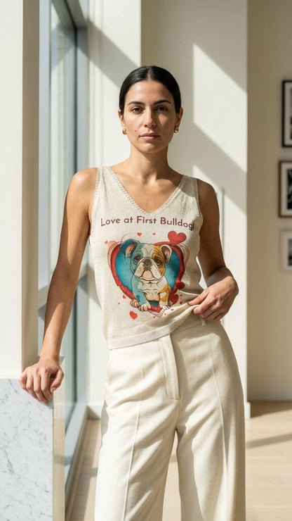 Beige Knit Graphic Sleeveless Top with Bulldog Print