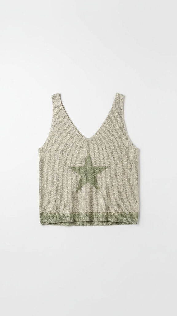 Sage Woven Knit Tank Top with Star Detail