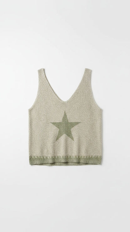 Sage Woven Knit Tank Top with Star Detail