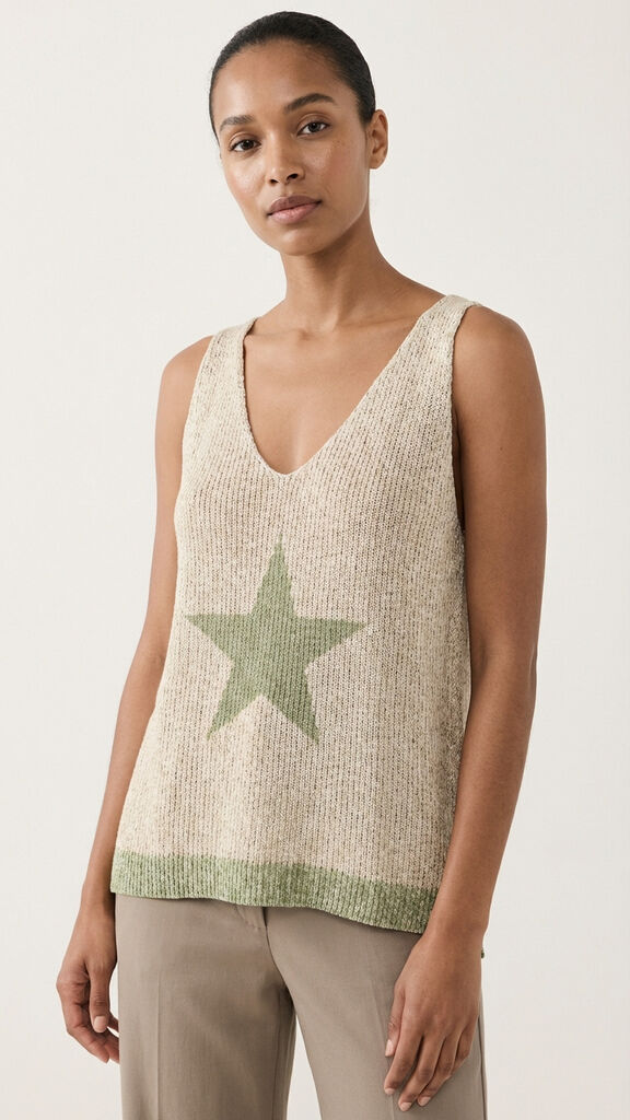 Sage Woven Knit Tank Top with Star Detail