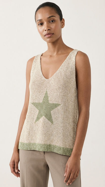 Sage Woven Knit Tank Top with Star Detail