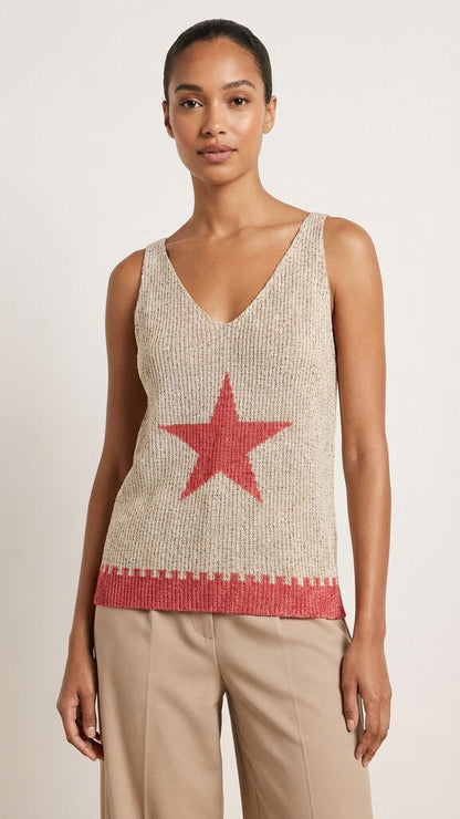 Beige Knit Tank Top with Red Star Design
