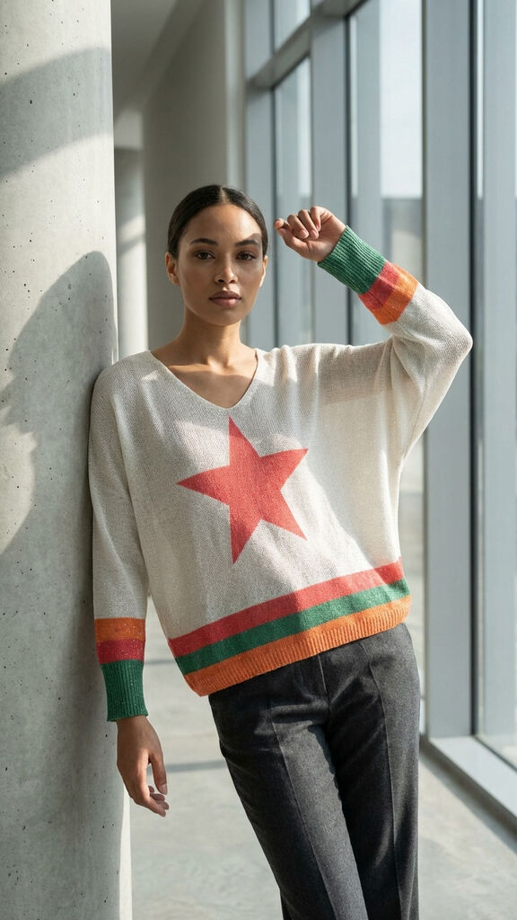 White Knit Cropped Sweater with Fuchsia Star