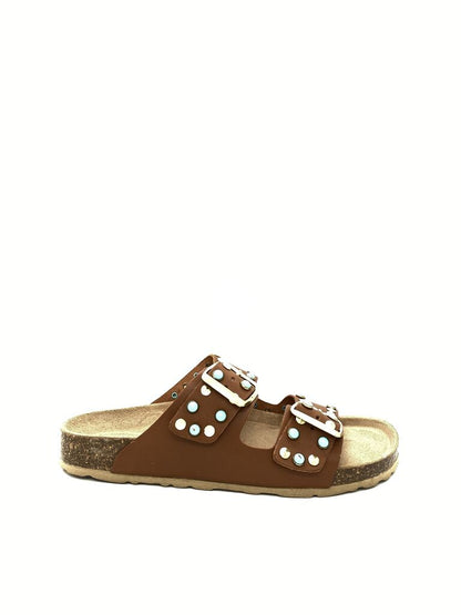 Brown Embellished Sandals with Dual Buckle Straps