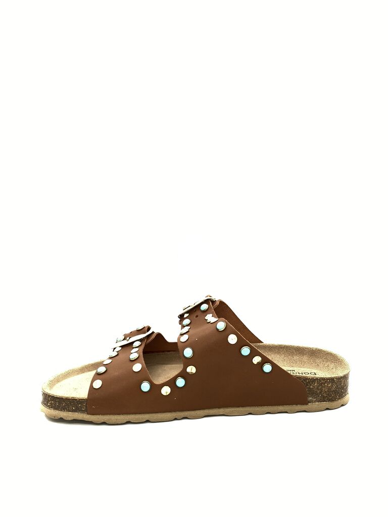 Brown Embellished Sandals with Dual Buckle Straps