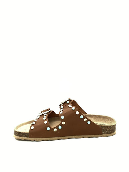 Brown Embellished Sandals with Dual Buckle Straps