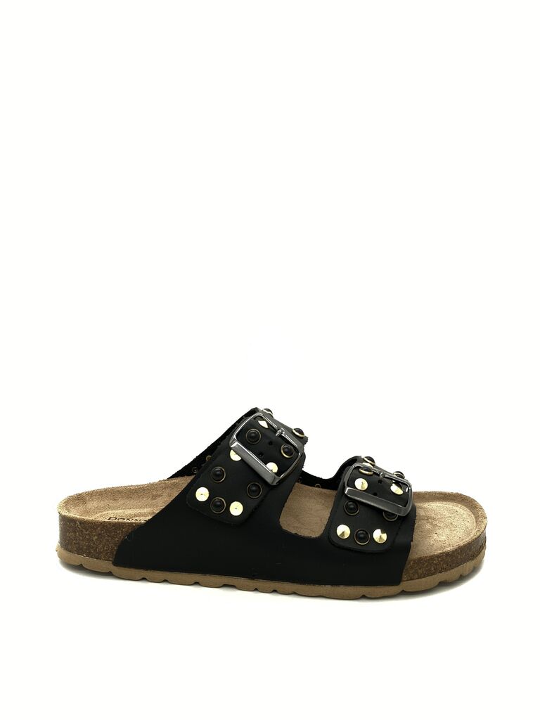 Black Studded Slide Sandals with Double Buckle