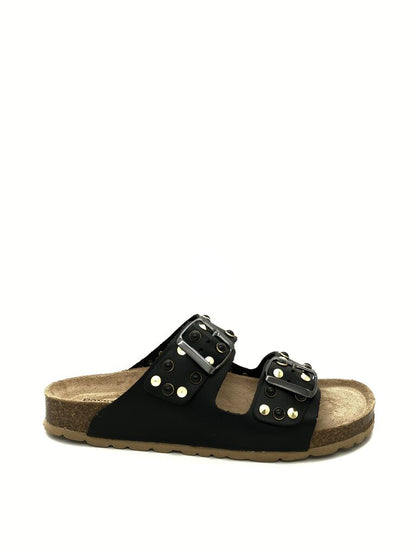 Black Studded Slide Sandals with Double Buckle