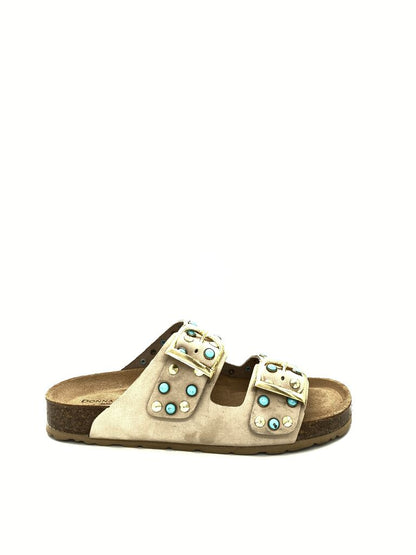 Beige Suede Slide Sandals with Studded Detailing