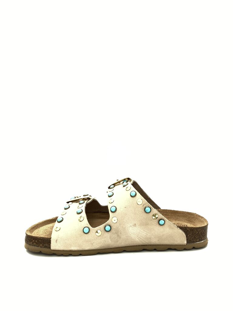 Beige Suede Slide Sandals with Studded Detailing