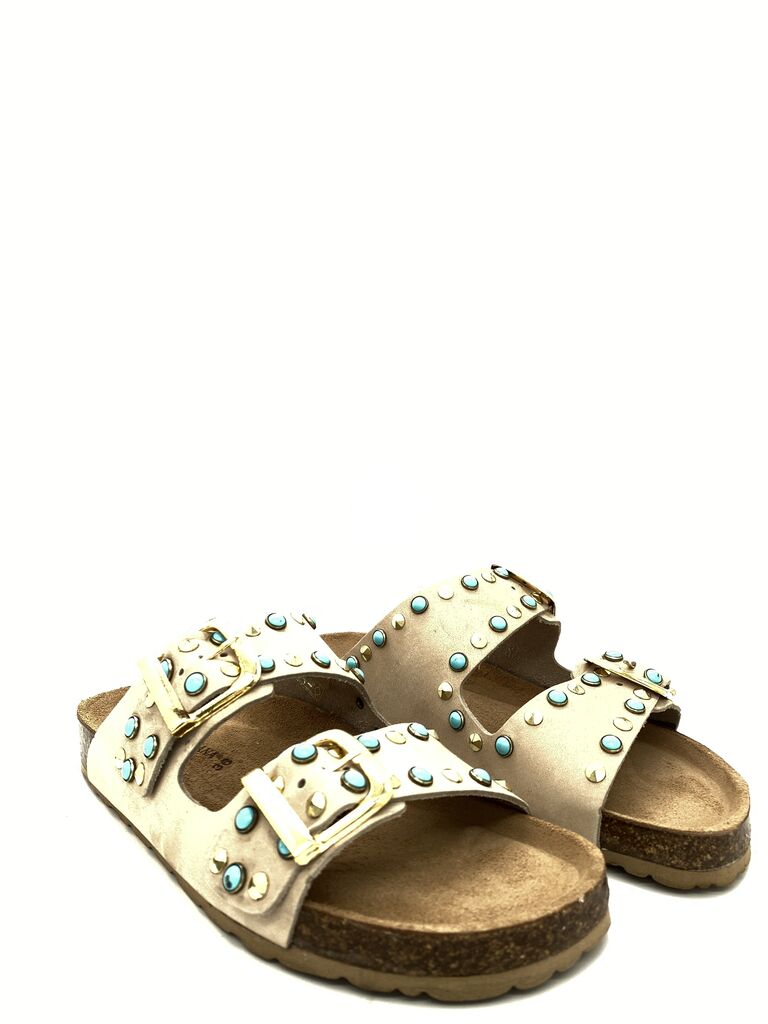 Beige Suede Slide Sandals with Studded Detailing