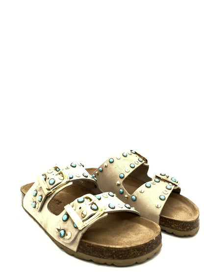 Beige Suede Slide Sandals with Studded Detailing