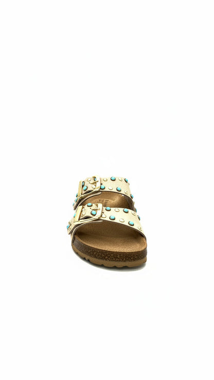Beige Suede Slide Sandals with Studded Detailing