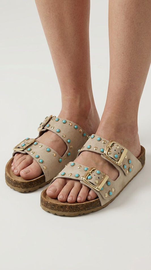 Beige Suede Slide Sandals with Studded Detailing