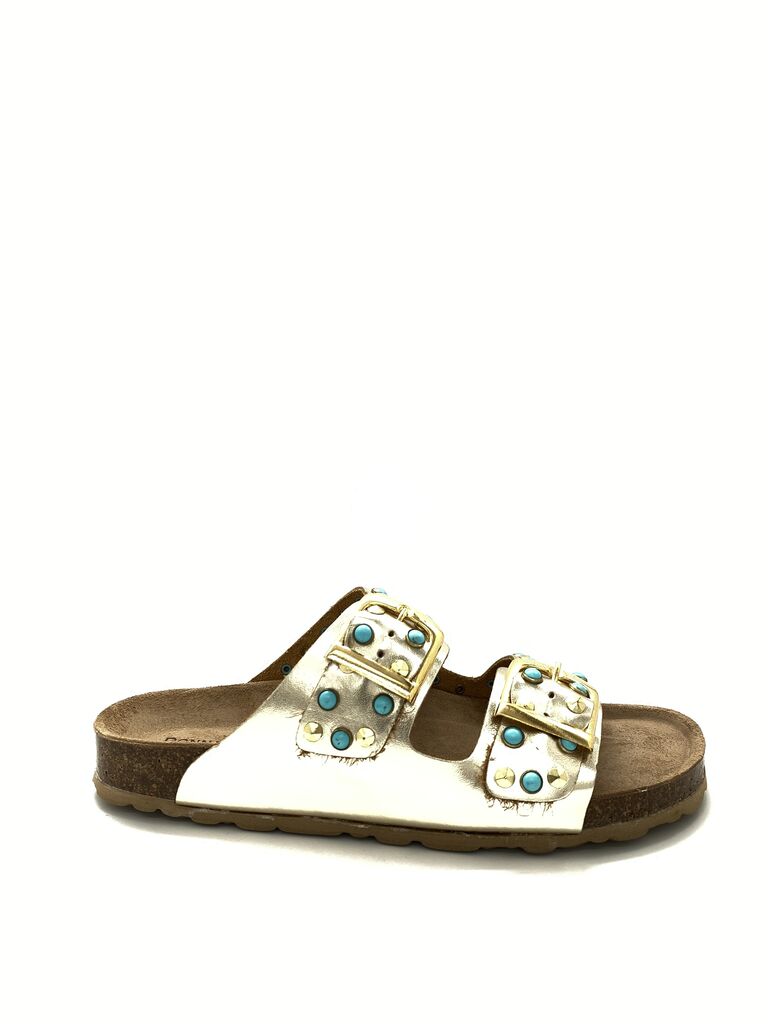 Metallic Studded Slide Sandals with Double Buckle