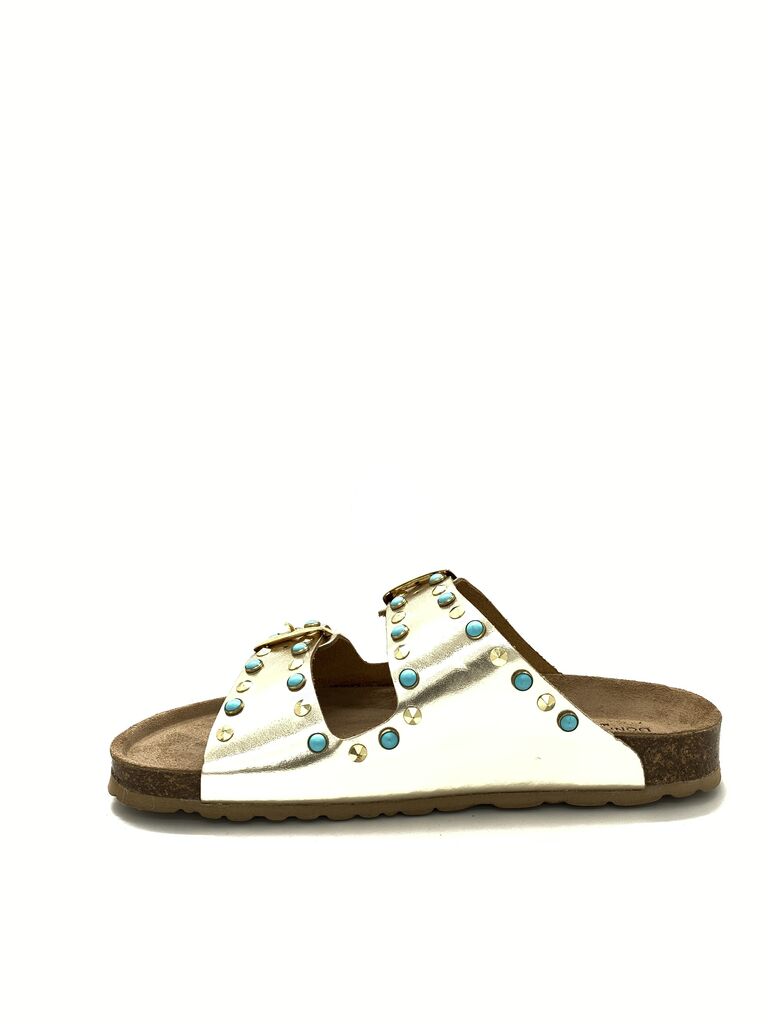 Metallic Studded Slide Sandals with Double Buckle