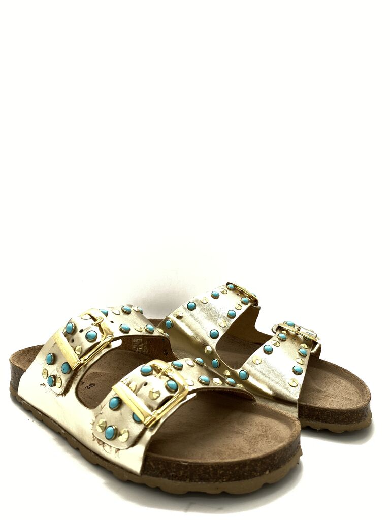 Metallic Studded Slide Sandals with Double Buckle