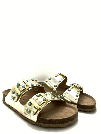Metallic Studded Slide Sandals with Double Buckle