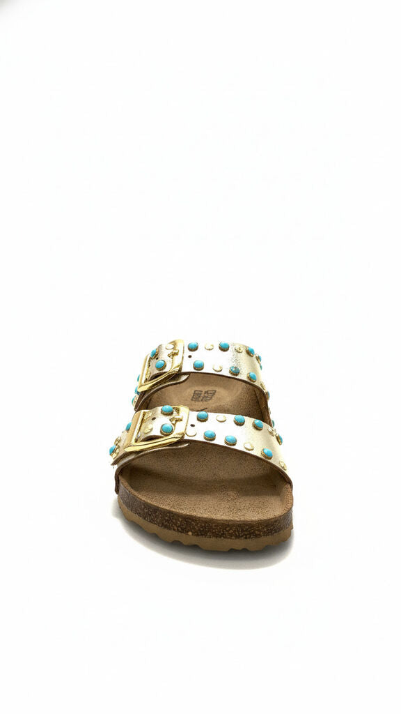 Metallic Studded Slide Sandals with Double Buckle