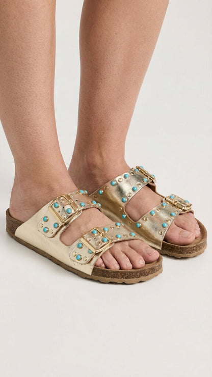 Metallic Studded Slide Sandals with Double Buckle
