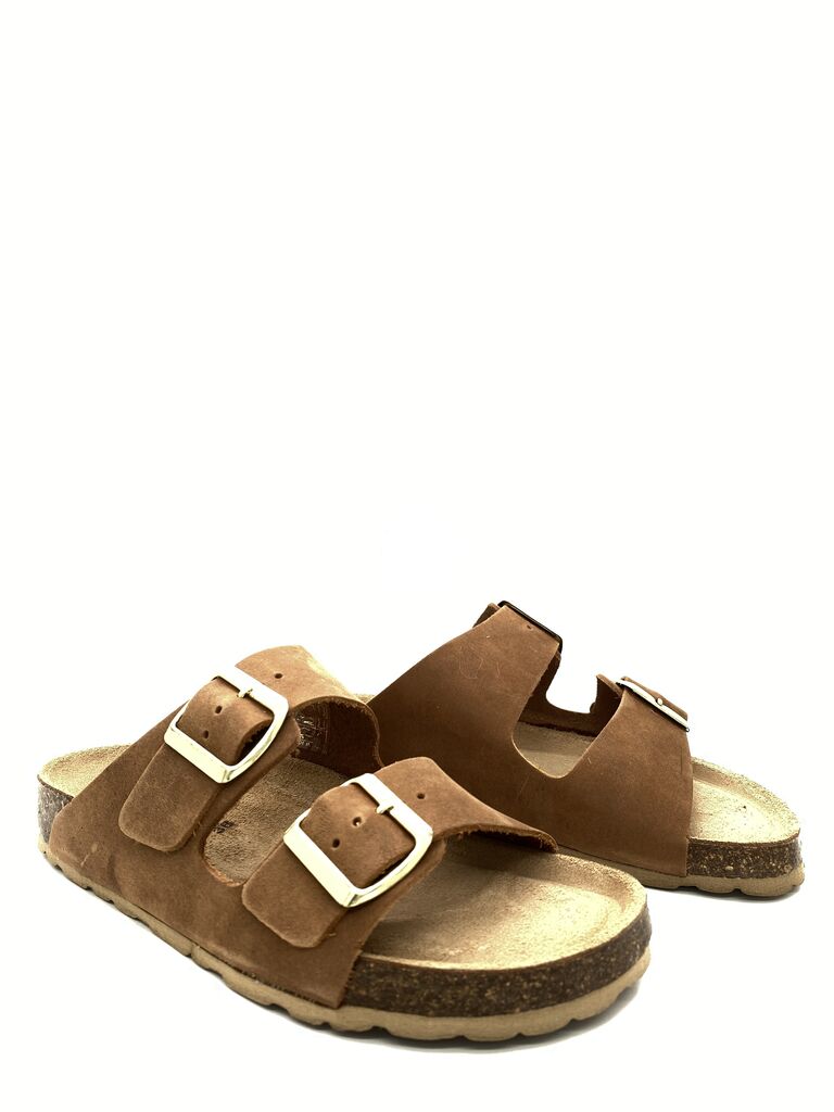 Brown Suede Slide Sandals with Dual Buckles