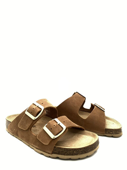 Brown Suede Slide Sandals with Dual Buckles