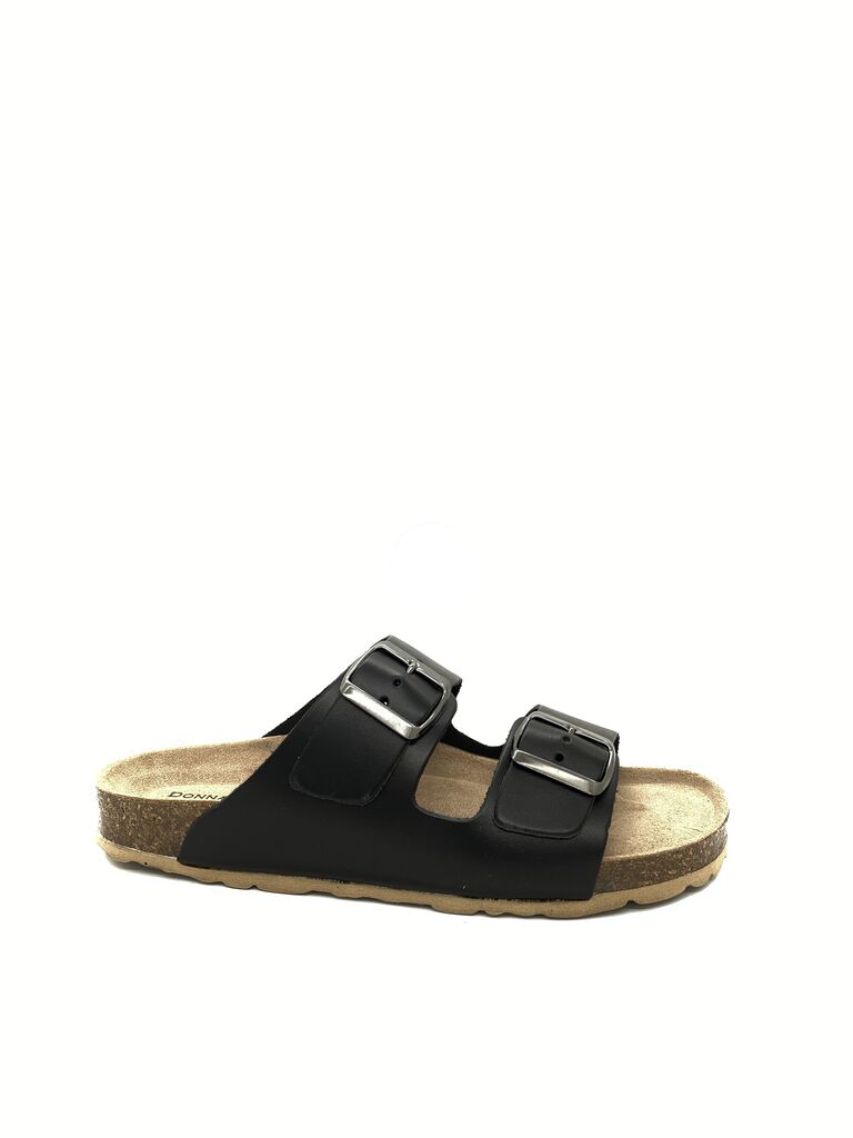 Black Double Strap Slide Sandals with Buckles