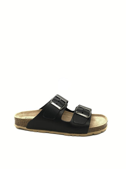 Black Double Strap Slide Sandals with Buckles