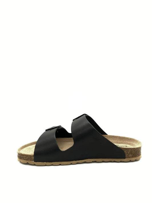Black Double Strap Slide Sandals with Buckles
