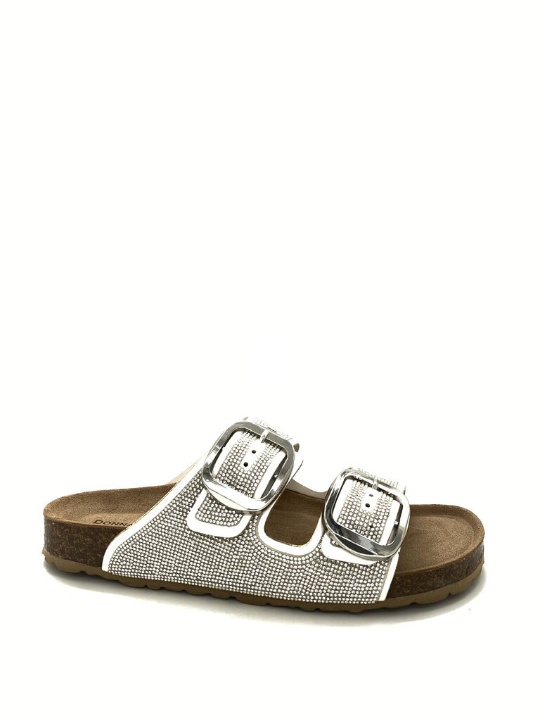 Silver Textured Slide Sandals with Buckle Detailing