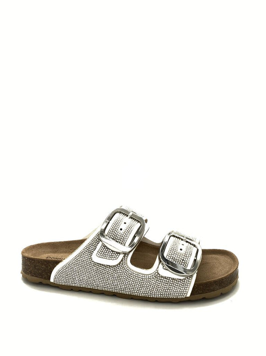 Silver Textured Slide Sandals with Buckle Detailing