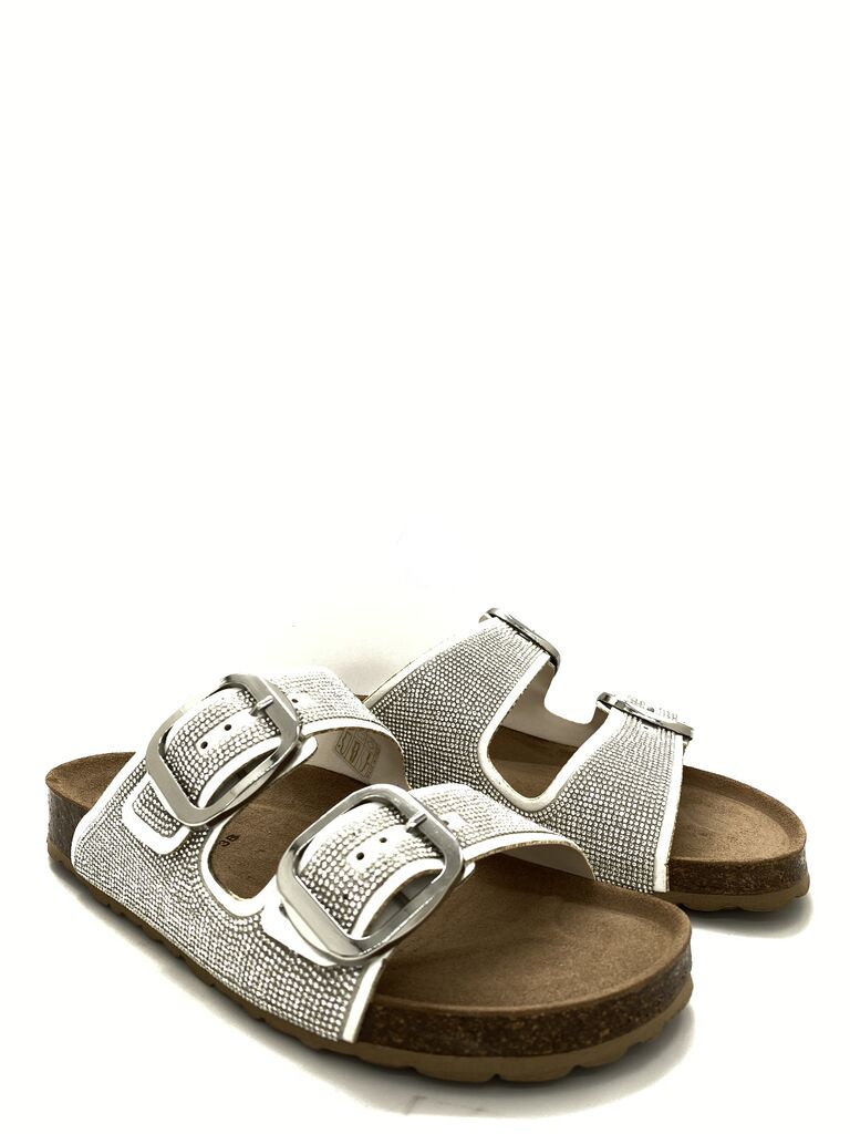 Silver Textured Slide Sandals with Buckle Detailing