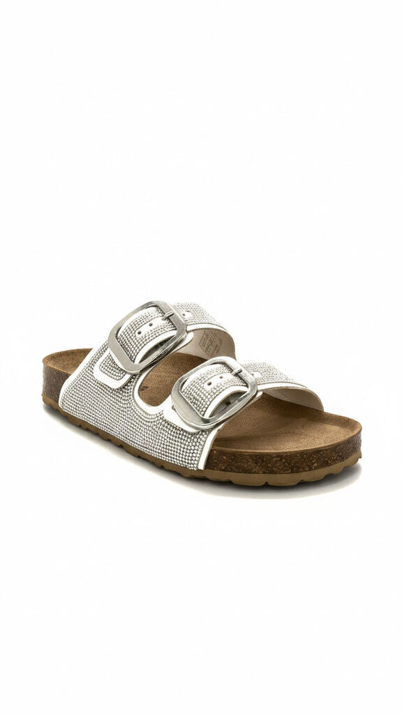 Silver Textured Slide Sandals with Buckle Detailing