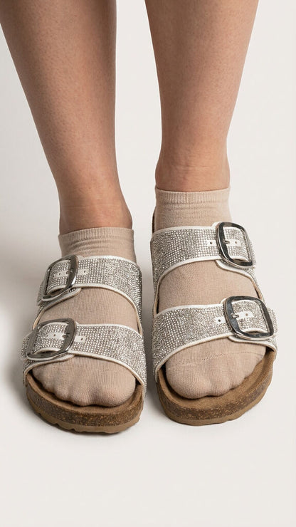 Silver Textured Slide Sandals with Buckle Detailing