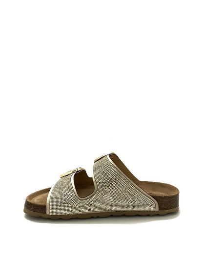 Gold Studded Slide Sandals with Buckle Detail
