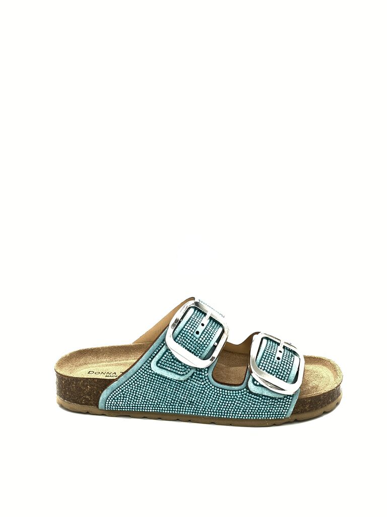 Turquoise Textured Sandals with Double Buckle