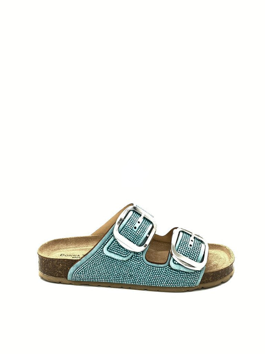 Turquoise Textured Sandals with Double Buckle