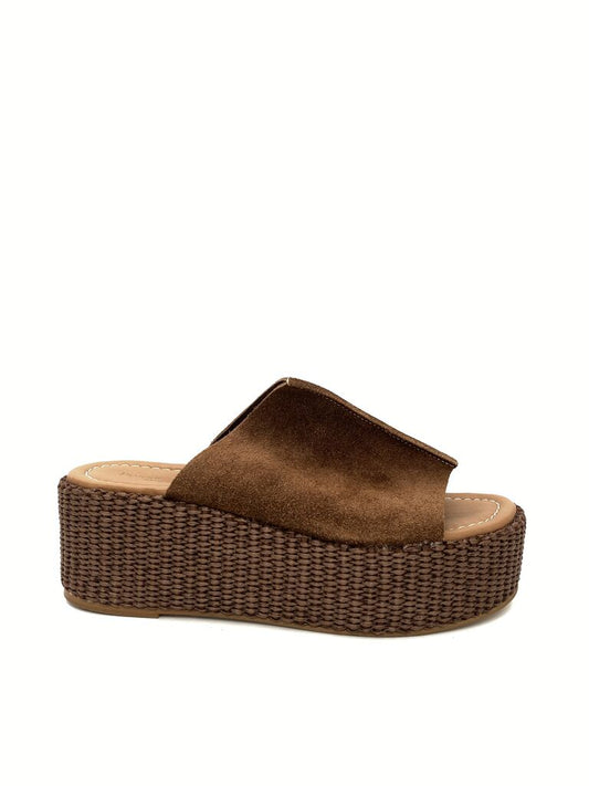 Brown Suede Platform Sandal with Woven Detailing