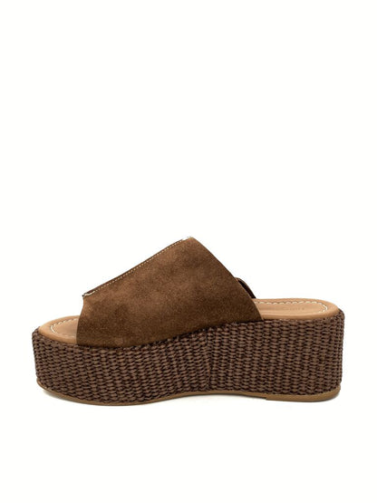 Brown Suede Platform Sandal with Woven Detailing