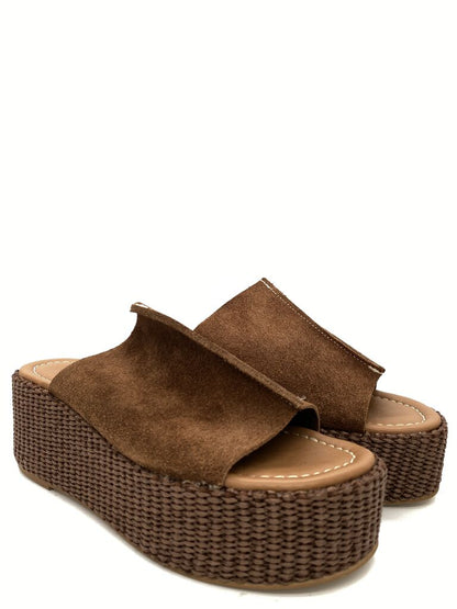 Brown Suede Platform Sandal with Woven Detailing