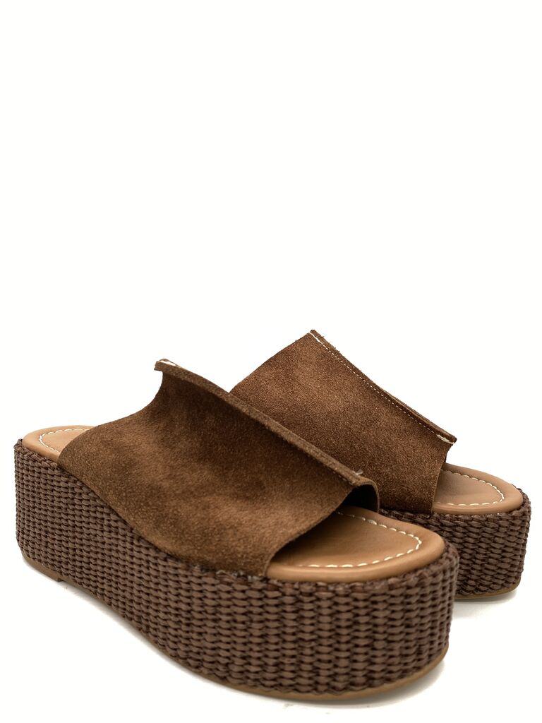 Brown Suede Platform Sandal with Woven Detailing
