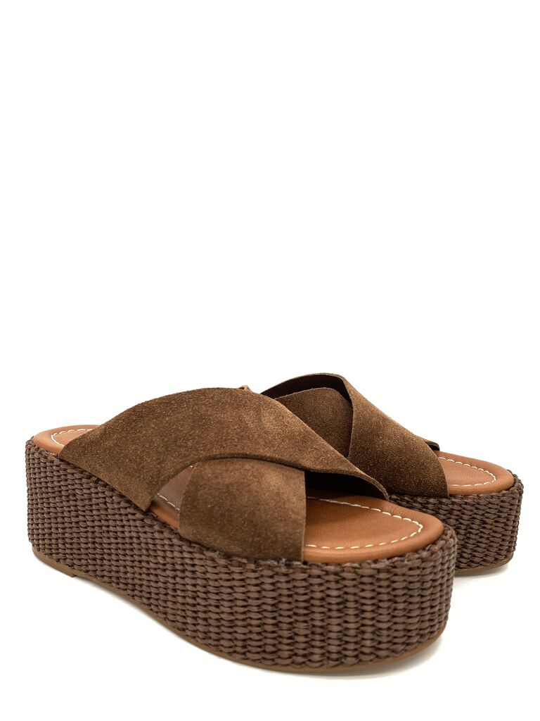 Brown Suede Platform Sandals with Woven Sole