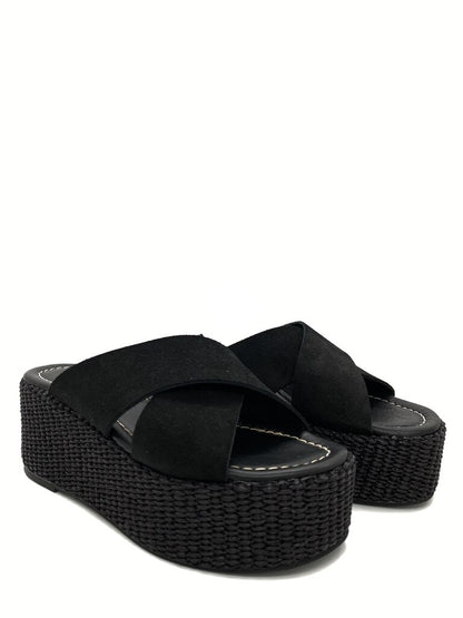 Black Woven Platform Slide with Criss-Cross Upper