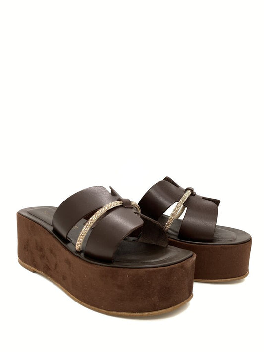 Brown Leather Platform Sandals with Embellished Strap