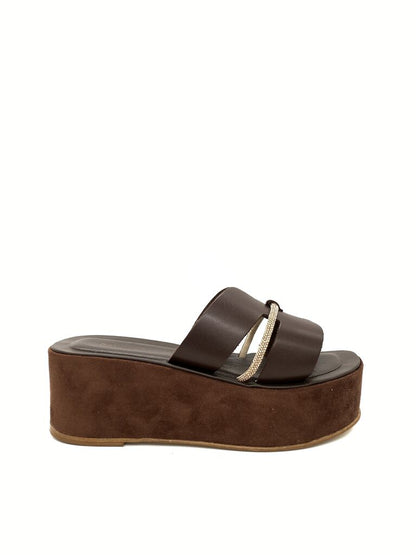 Brown Leather Platform Sandals with Embellished Strap