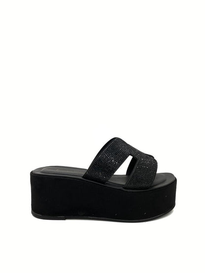 Black Glittered Platform Sandals with Open Toe